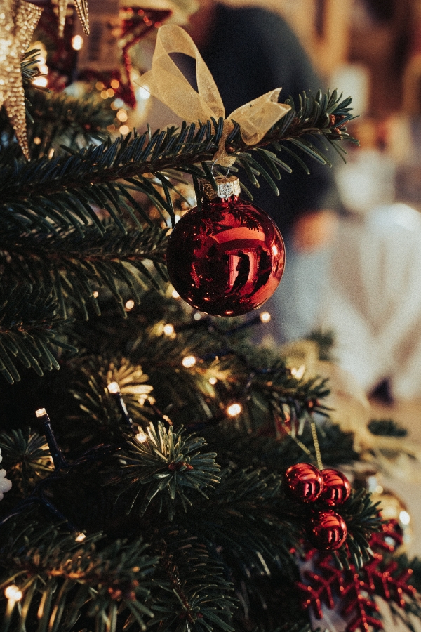 Kerstboom versierd met rode ornamenten